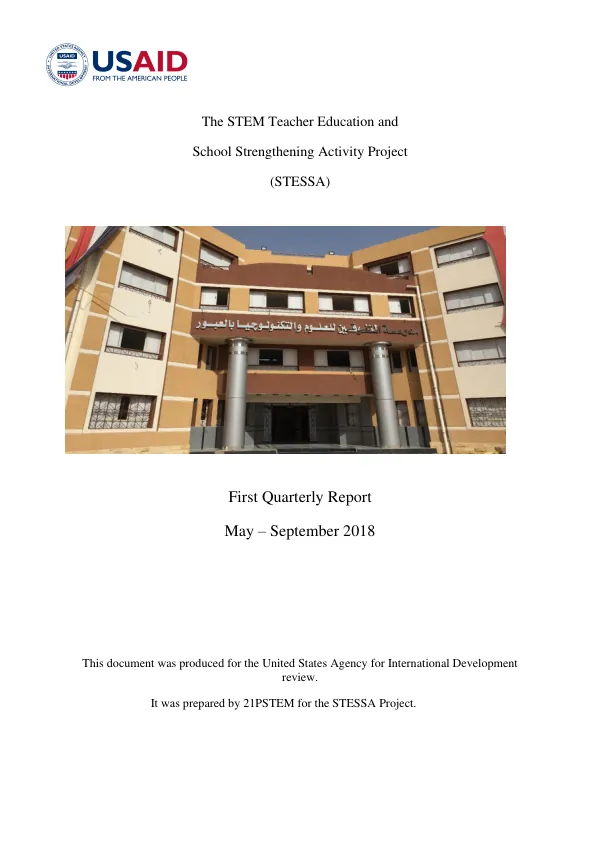 STEM Teacher Education and School Strengthening Activity Project (STESSA) First Quarterly Report May – September 2018