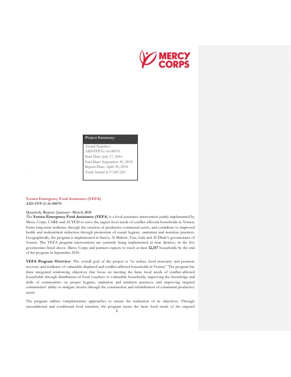 Yemen Emergency Food Assistance (YEFA) Quarterly Report: January– March 2018