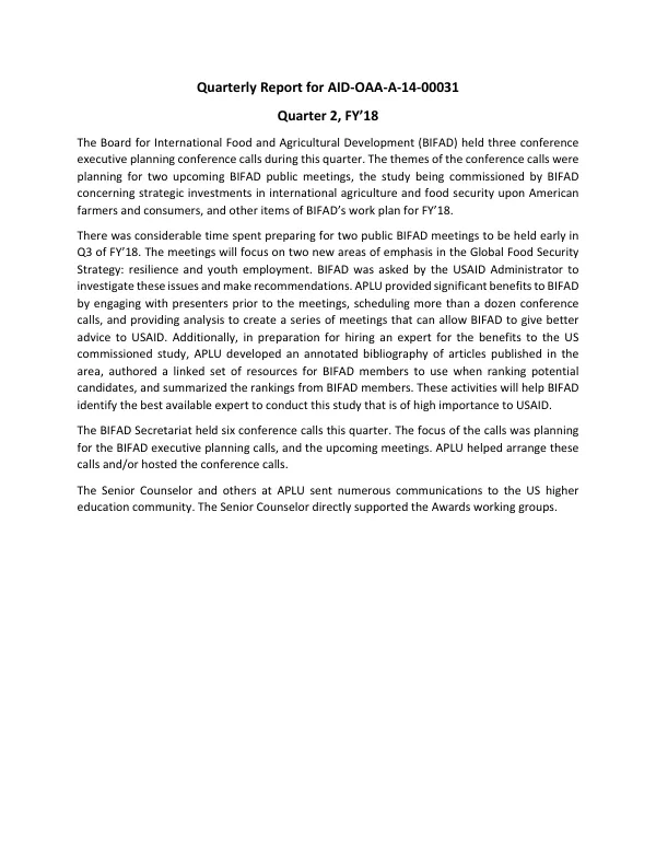 Quarterly Report for AID-OAA-A-14-00031