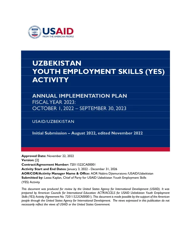 Annual Implementation Plan for Uzbekistan Youth Employment Skills (YES) Activity FY2023