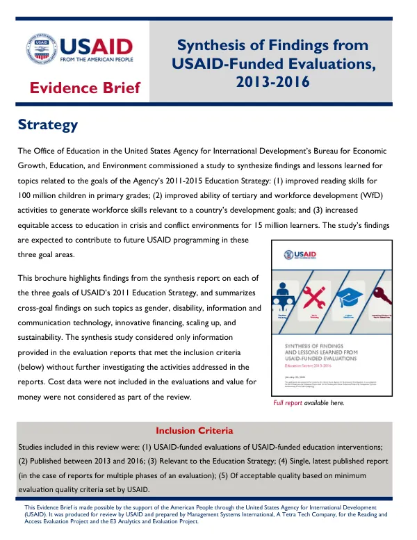 Synthesis of Findings from USAID-Funded Evaluations, 2013-2016: Education Strategy