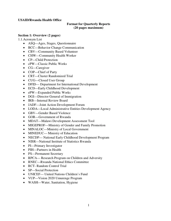 Quarterly Report: Sugira Muryango Family Strengthening Intervention