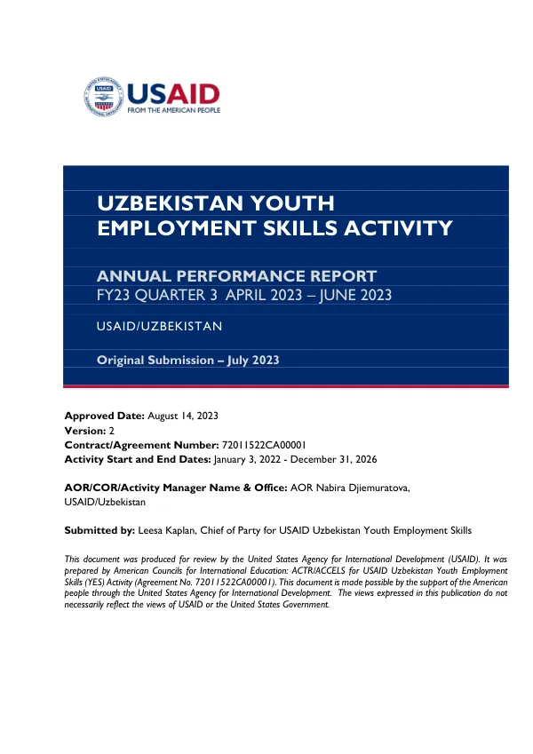 Uzbekistan Youth Employment Skills Activity Annual Performance Report FY23 Quarter 3 April 2023 – June 2023