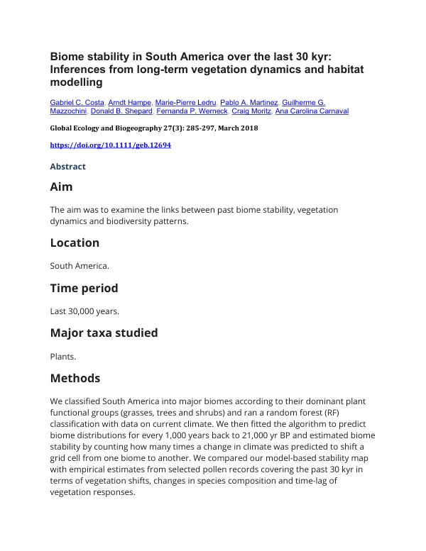 Biome stability in South America over the last 30 kyr: Inferences from long-term vegetation dynamics and habitat modelling