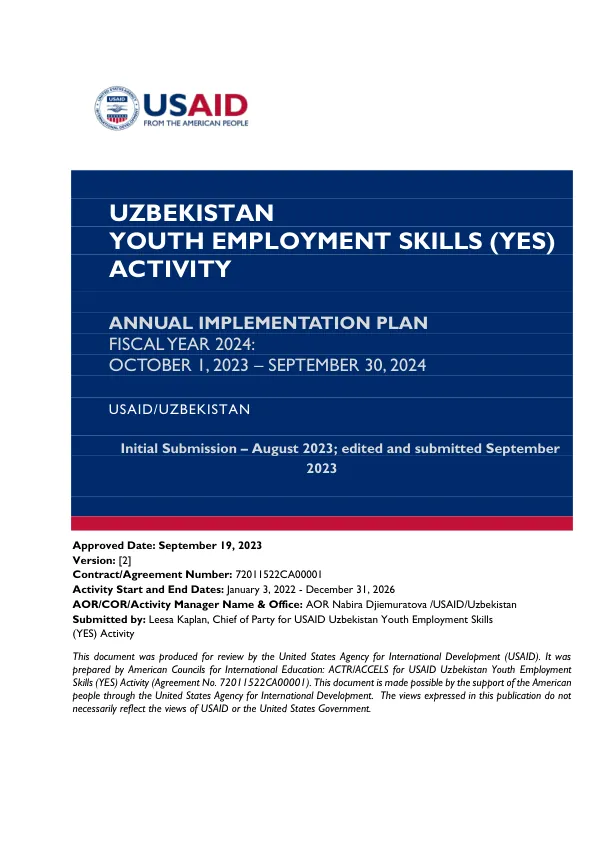 Annual Implementation Plan for Uzbekistan Youth Employment Skills (YES) Activity