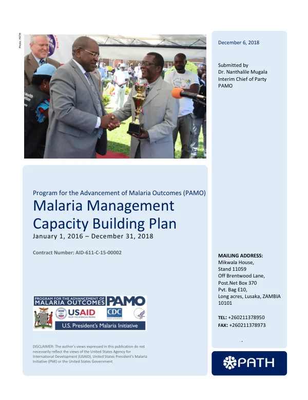 Malaria Management Capacity Building Plan for the Program for the Advancement of Malaria Outcomes (PAMO)