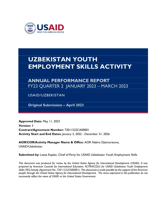 Uzbekistan Youth Employment Skills Activity Annual Performance Report FY23