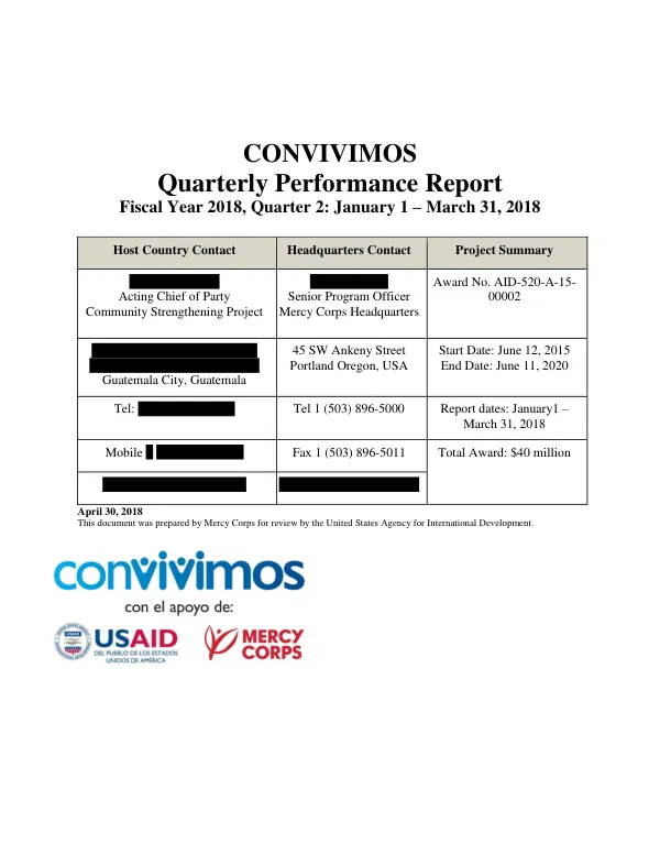 Quarterly Performance Report Fiscal Year 2018, Quarter 2: January 1 – March 31, 2018