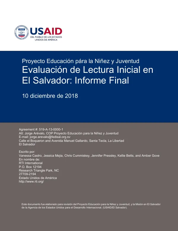 Evaluación de Lectura Inicial en El Salvador: Informe Final