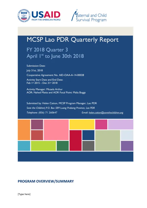 MCSP Lao PDR Quarterly Report FY 2018 Quarter 3