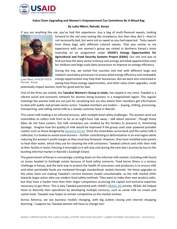 ENERGY OPPORTUNITIES FOR AGRICULTURAL SYSTEMS AND FOOD SECURITY