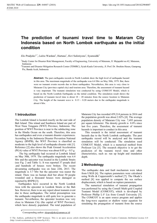 The prediction of tsunami travel time to Mataram City Indonesia based on North Lombok earthquake as the initial condition