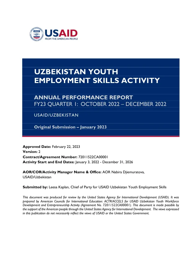 Uzbekistan Youth Employment Skills Activity Annual Performance Report FY23 Quarter 1: October 2022 – December 2022