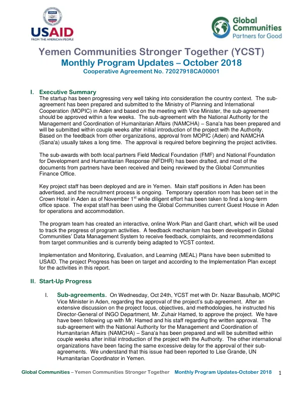 Global Communities – Yemen Communities Stronger Together Monthly Program Updates-October 2018