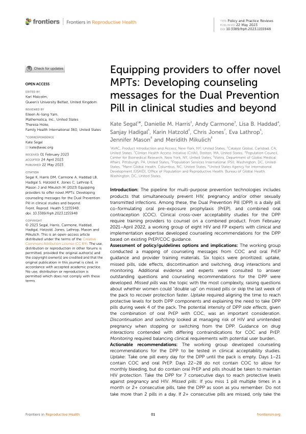Equipping providers to offer novel MPTs: Developing counseling messages for the Dual Prevention Pill in clinical studies and beyond