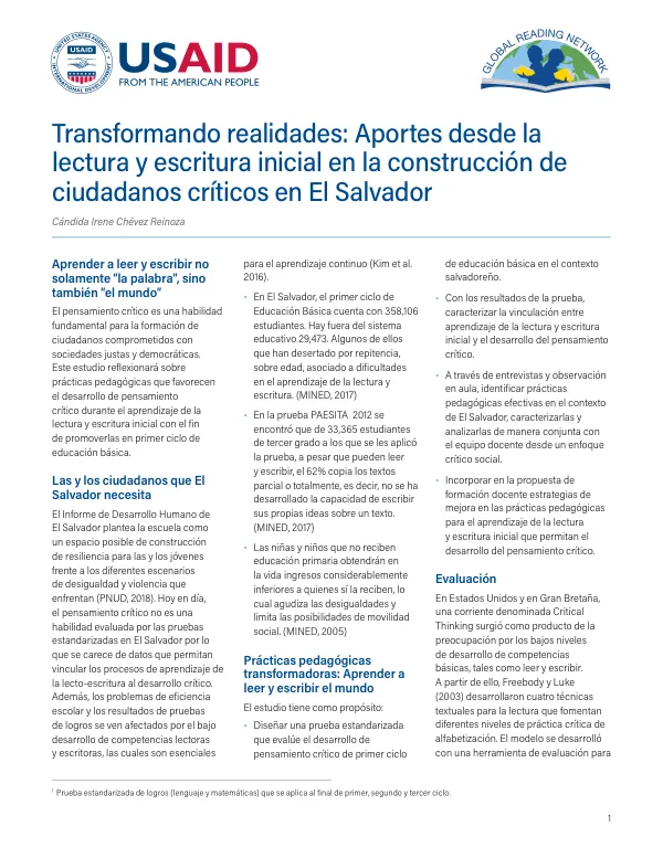 Transformando realidades: Aportes desde la lectura y escritura inicial en la construcción de ciudadanos críticos en El Salvador