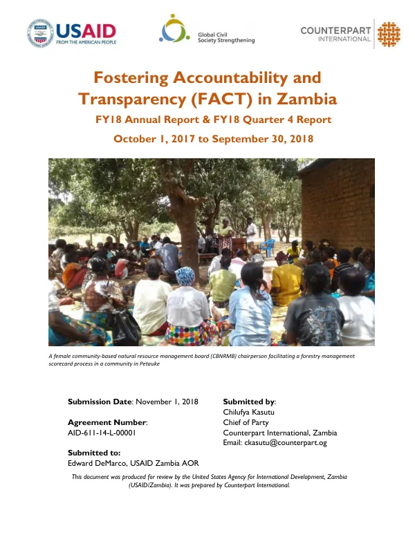 FY18 Annual Report & FY18 Quarter 4 Report: Fostering Accountability and Transparency (FACT) in Zambia