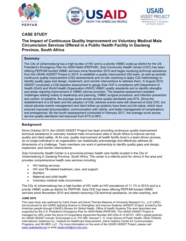 Final Report: The Impact of Continuous Quality Improvement on Voluntary Medical Male Circumcision Services Offered in a Public Health Facility in Gauteng Province, South Africa