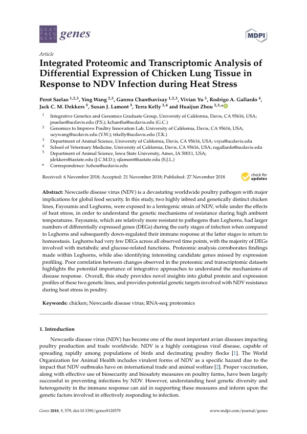 Integrated Proteomic and Transcriptomic Analysis of Differential Expression of Chicken Lung Tissue in Response to NDV Infection during Heat Stress