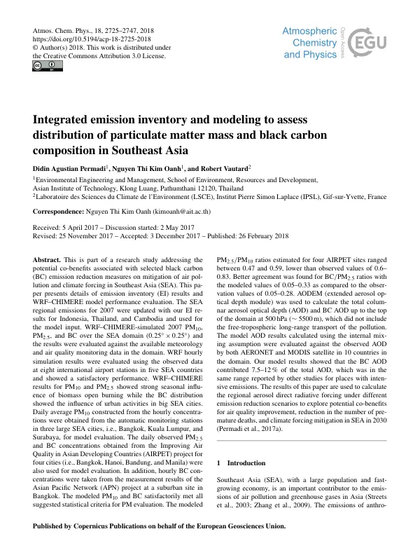 Integrated emission inventory and modeling to assess distribution of particulate matter mass and black carbon composition in Southeast Asia