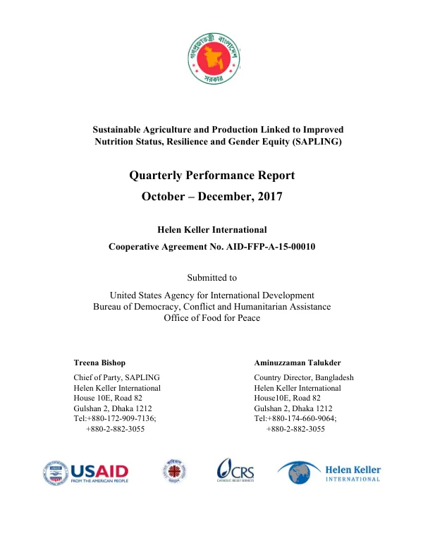 Sustainable Agriculture and Production Linked to Improved Nutrition Status, Resilience and Gender Equity (SAPLING) Quarterly Performance Report October – December, 2017