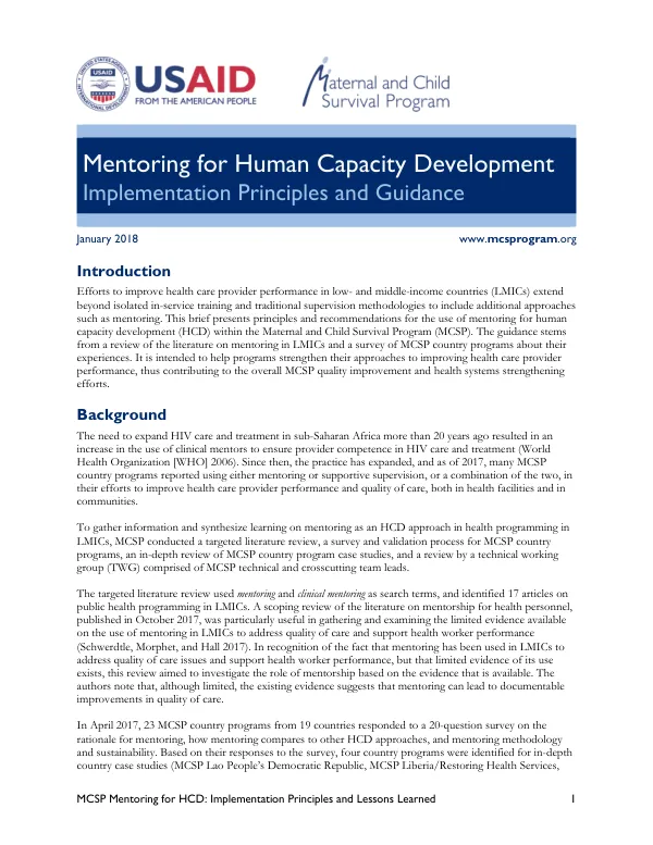 MCSP Mentoring for HCD: Implementation Principles and Lessons Learned