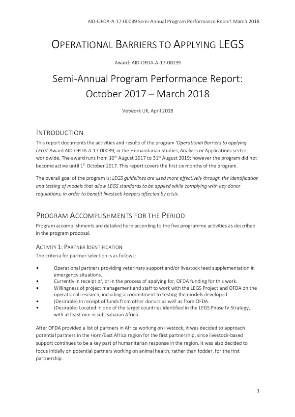 Semi-Annual Program Performance Report: Operational Barriers to Applying LEGS