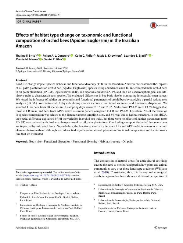 Effects of habitat type change on taxonomic and functional composition of orchid bees (Apidae: Euglossini) in the Brazilian Amazon