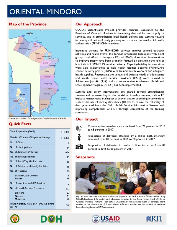USAID’s LuzonHealth Project: Improving Demand for and Supply of Family Planning and Maternal, Neonatal, Child Health and Nutrition (FP/MNCHN) Services in Oriental Mindoro