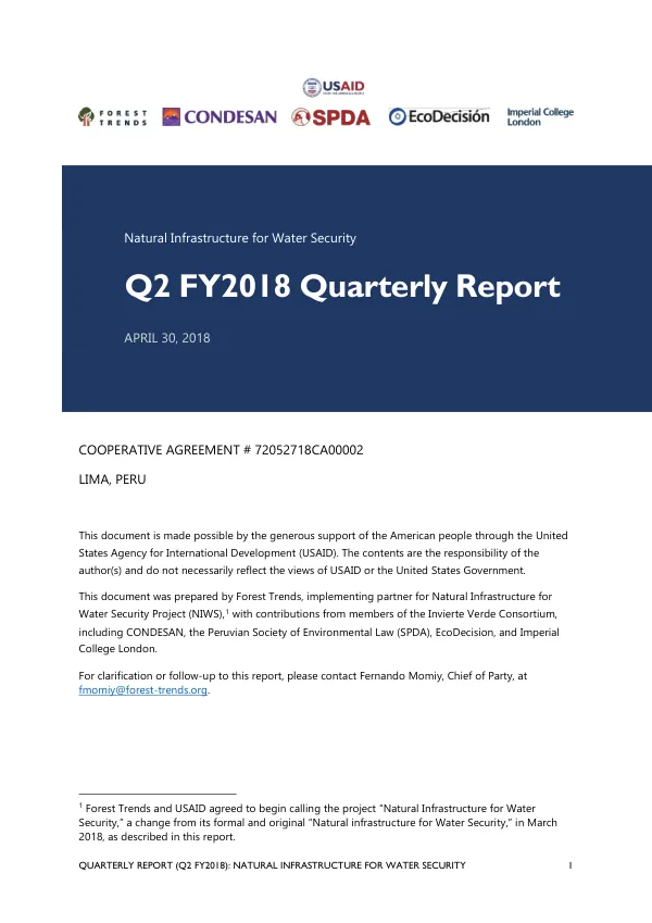 Quarterly Report (Q2 FY2018): Natural Infrastructure for Water Security