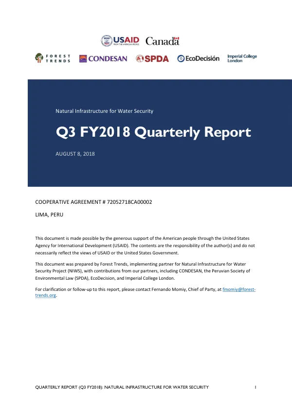 Quarterly Report (Q3 FY2018): Natural Infrastructure for Water Security
