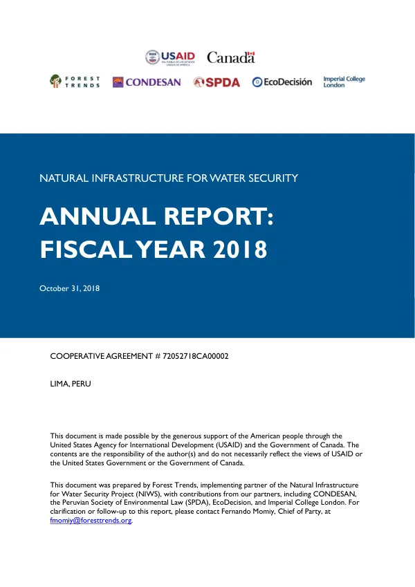 Annual Report: Natural Infrastructure for Water Security (FY2018)