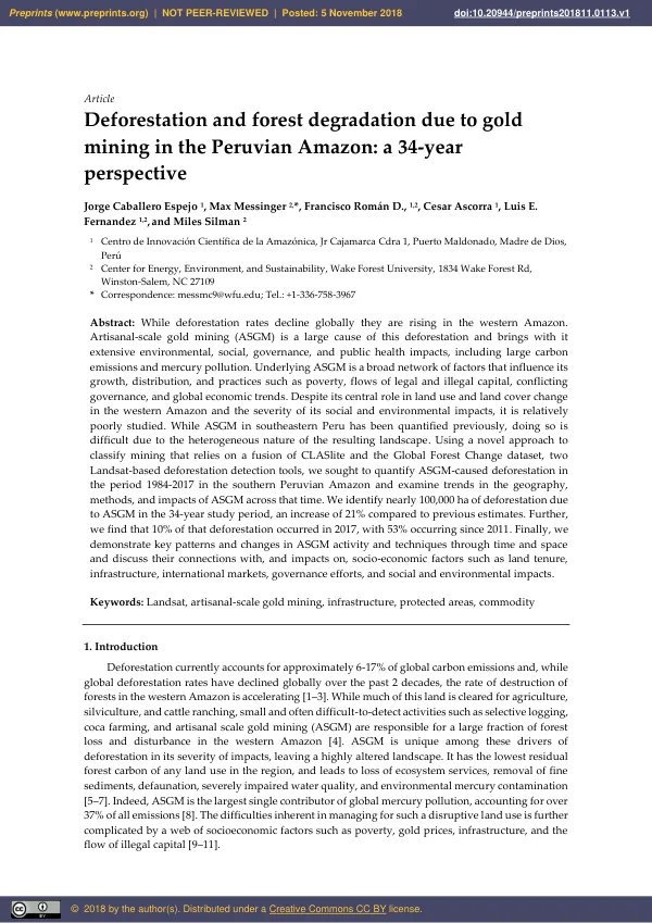Deforestation and forest degradation due to gold mining in the Peruvian Amazon: a 34-year perspective