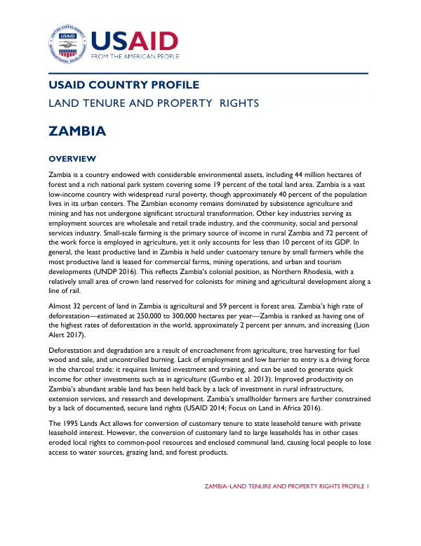 Zambia–Land Tenure and Property Rights Profile