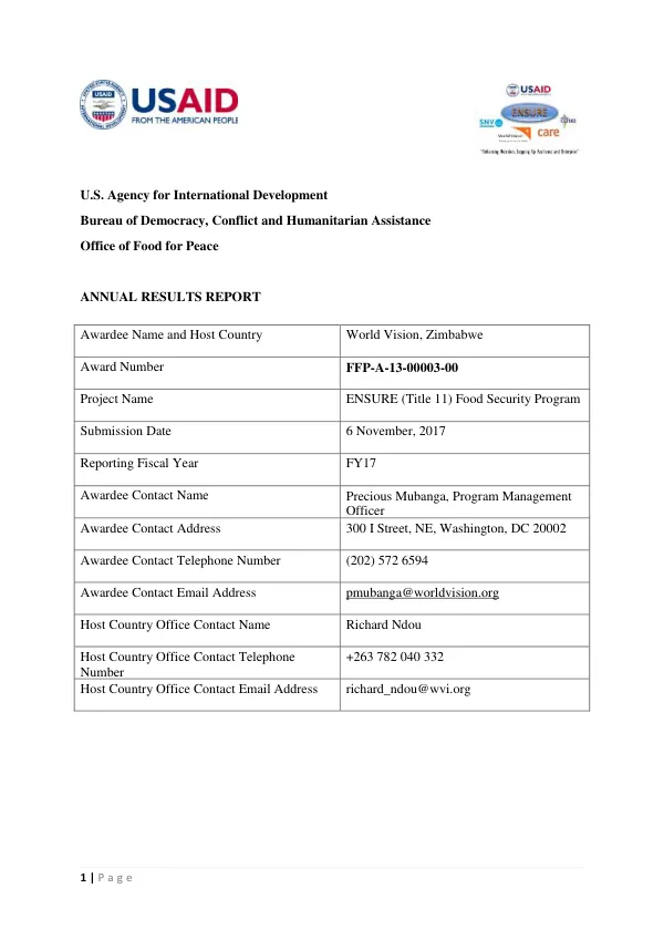 Annual Results Report: ENSURE (Title 11) Food Security Program