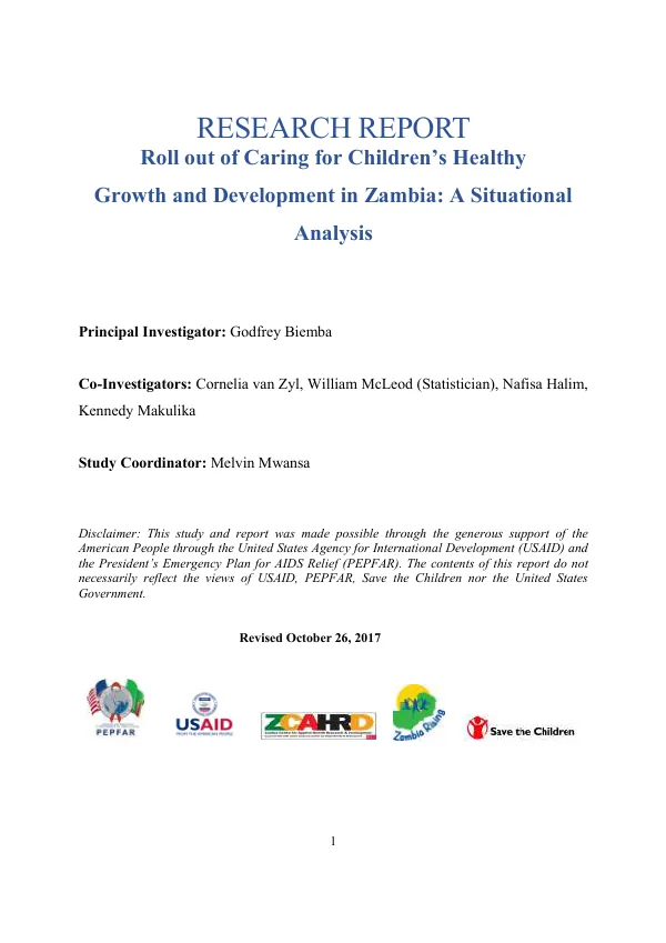 Research Report: Roll out of Caring for Children’s Healthy Growth and Development in Zambia: A Situational Analysis