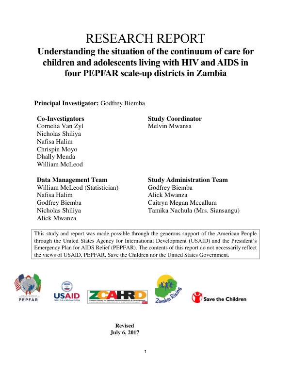 Understanding the situation of the continuum of care for children and adolescents living with HIV and AIDS in four PEPFAR scale-up districts in Zambia