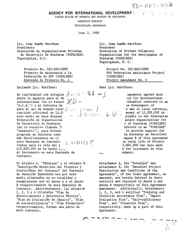Proyecto no. 522-ESF-0280, proyecto de asistencia a la Federacion de OPV (FOPRIDEH) : enmienda de proyecto no. 4 = Project no. 522-ESF-0280, PVO Federation Assistance Project (FOPRIDEH) : project amendment no. 4
