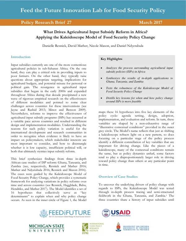 Policy Research Brief 27: What Drives Agricultural Input Subsidy Reform in Africa? Applying the Kaleidoscope Model of Food Security Policy Change