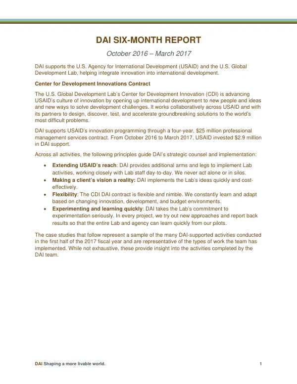 DAI Shaping a more livable world. Six-Month Report October 2016 – March 2017