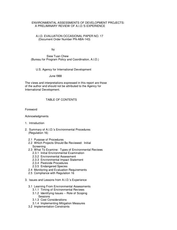 Environmental assessments of development projects : a preliminary review of AID"s experience