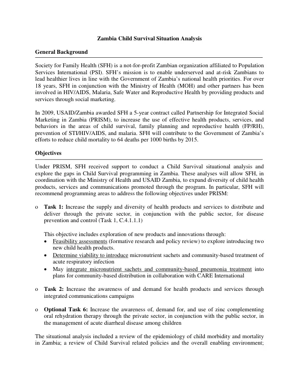 Zambia Child Survival Situation Analysis