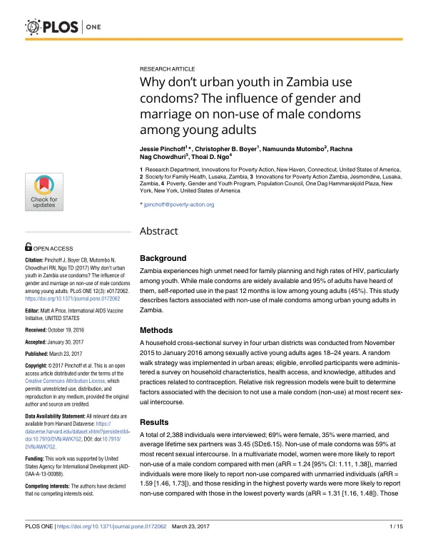 Why don’t urban youth in Zambia use condoms? The influence of gender and marriage on non-use of male condoms among young adults