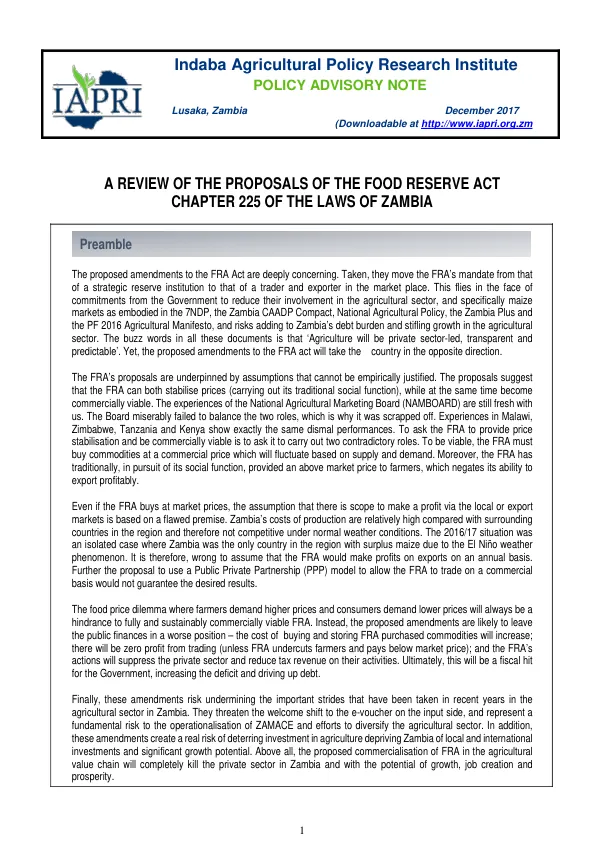 A REVIEW OF THE PROPOSALS OF THE FOOD RESERVE ACT CHAPTER 225 OF THE LAWS OF ZAMBIA