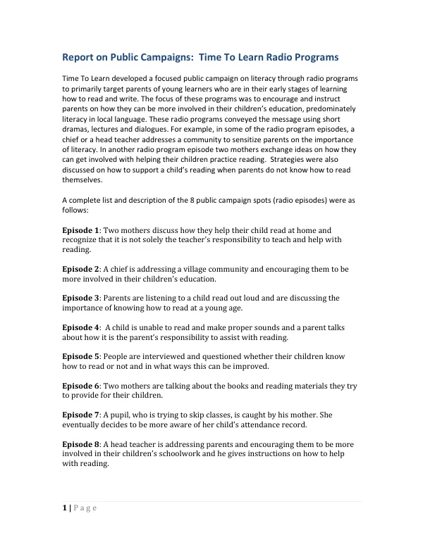Report on Public Campaigns: Time To Learn Radio Programs