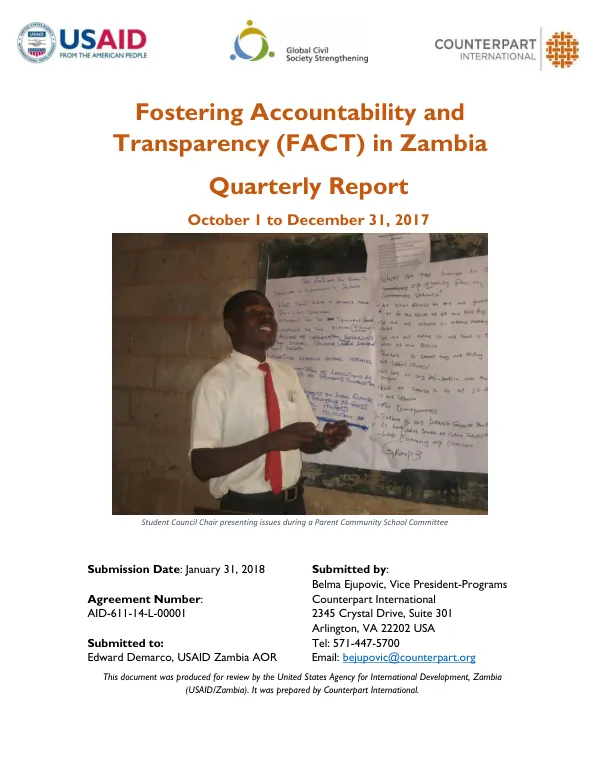 Fostering Accountability and Transparency (FACT) in Zambia Quarterly Report October 1 to December 31, 2017