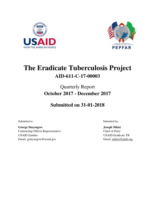 The Eradicate Tuberculosis Project Quarterly Report October 2017 - December 2017