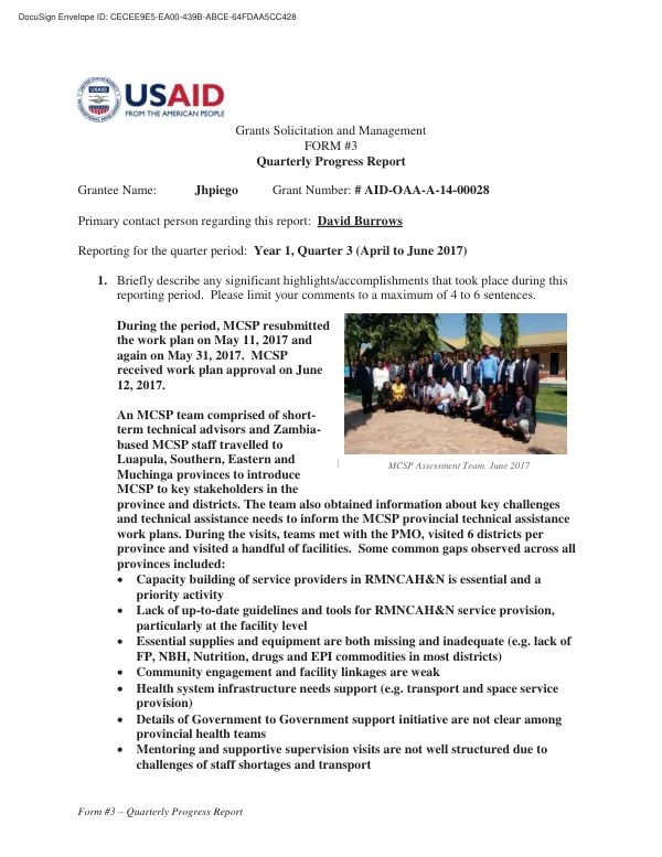 Quarterly Progress Report for MCSP in Zambia
