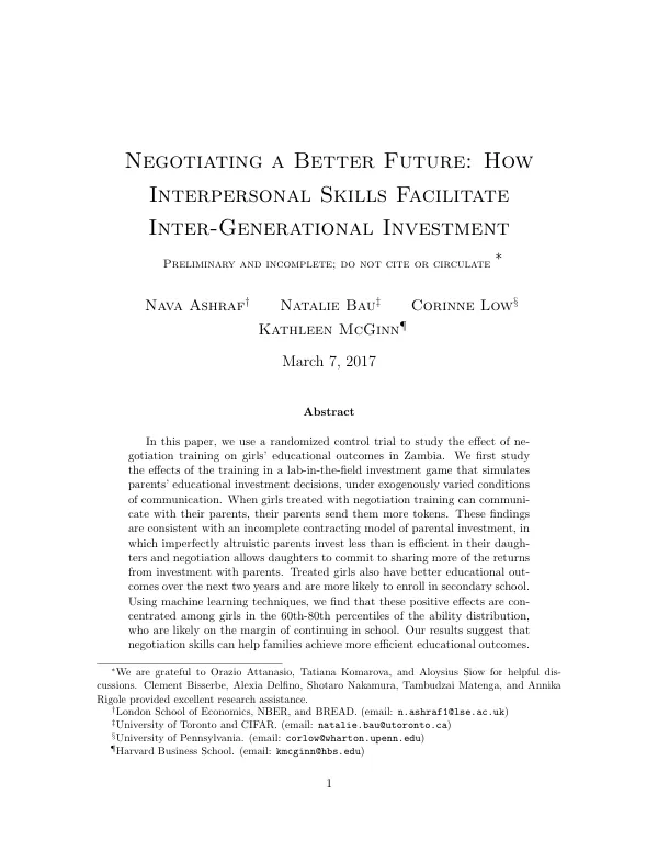 Negotiating a Better Future: Interpersonal Skills Facilitate Inter-Generational Investment
