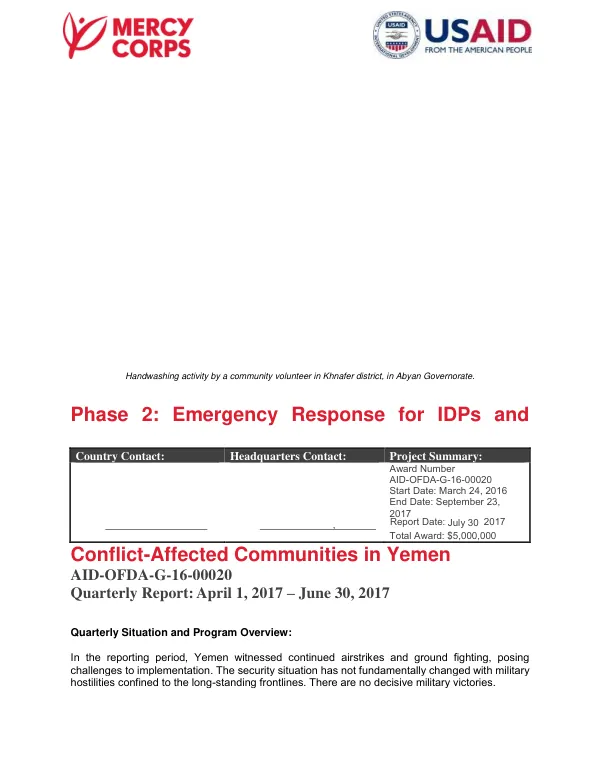 Quarterly Report: April 1, 2017 – June 30, 2017: Phase 2: Emergency Response for IDPs and Conflict-Affected Communities in Yemen